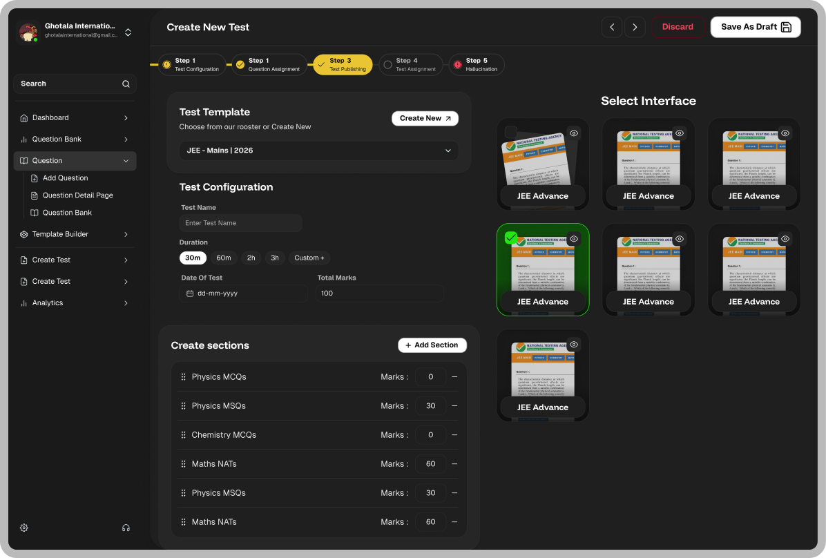 Proctera white-label CBT exam software platform dashboard displaying student test analytics and question bank